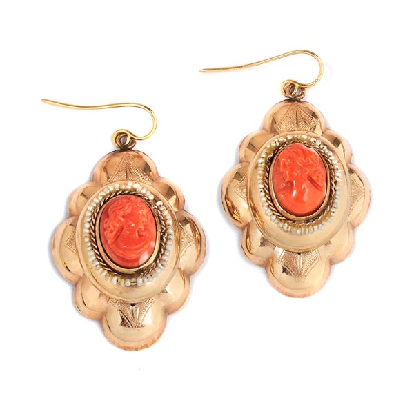Large 9kt rose gold pendant earrings, pearls, engraved coral cameos with female profile