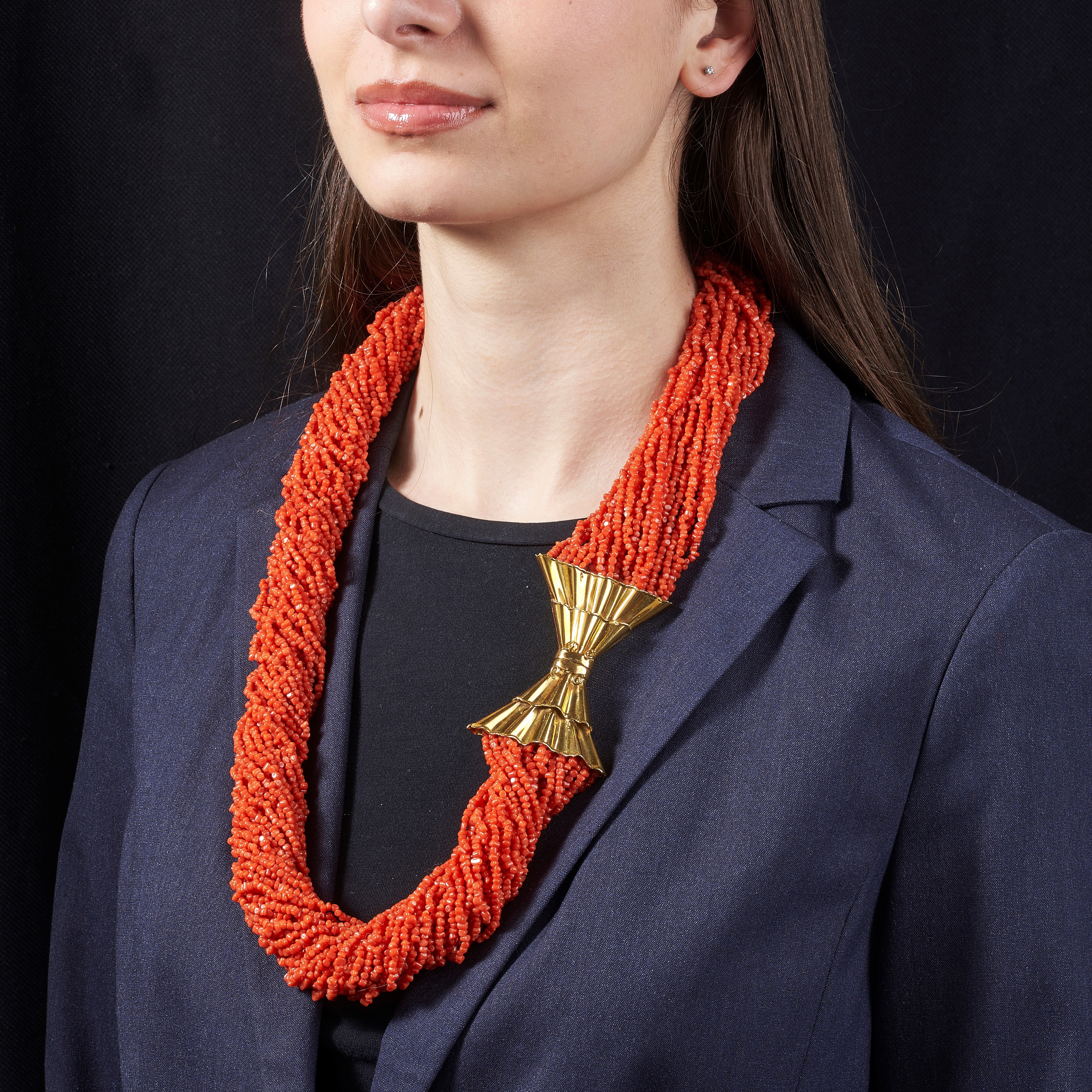 Grande collana millefili in corallo rosso e oro giallo 18 kt