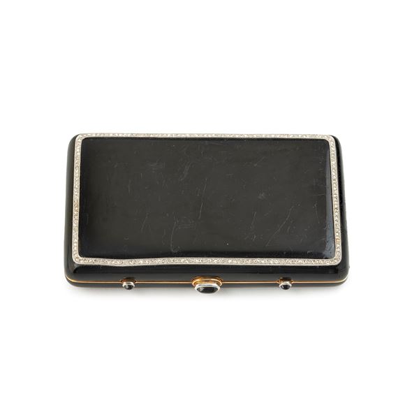 Trousse porta cipria in oro giallo 18 kt, smalto nero e diamanti