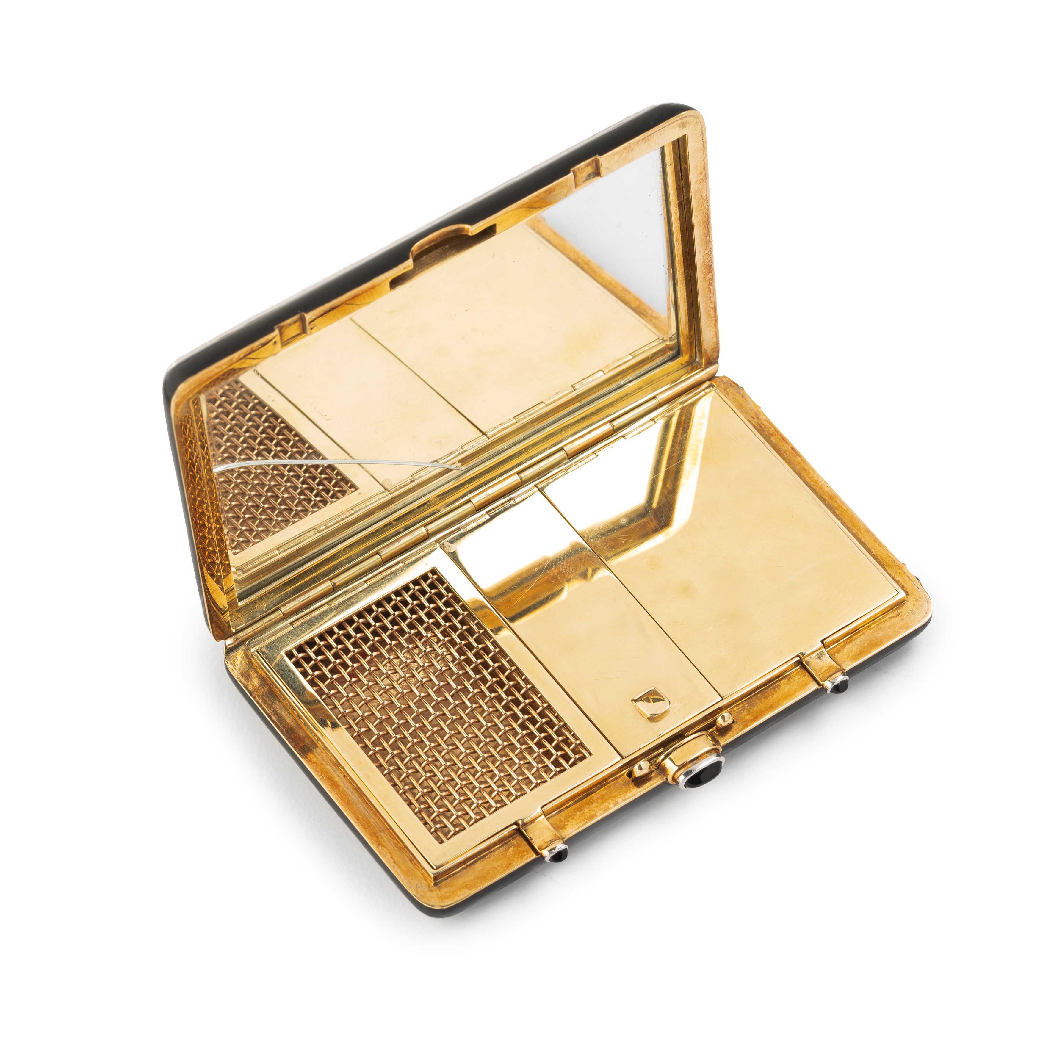 Trousse porta cipria in oro giallo 18 kt, smalto nero e diamanti