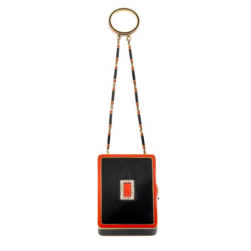 Trousse portarossetto in oro giallo 14 kt, smalto nero, rosso e diamanti