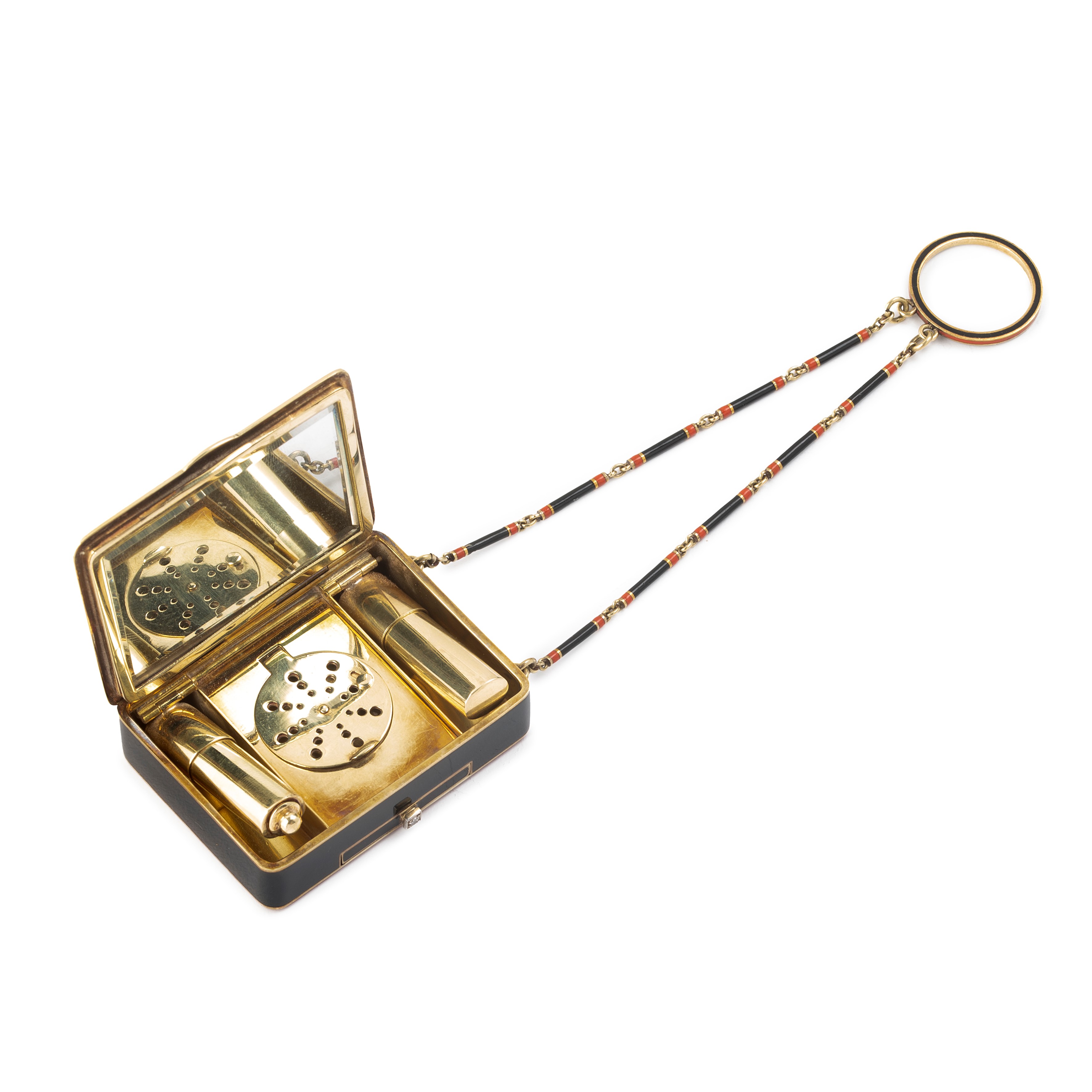 Trousse portarossetto in oro giallo 14 kt, smalto nero, rosso e diamanti