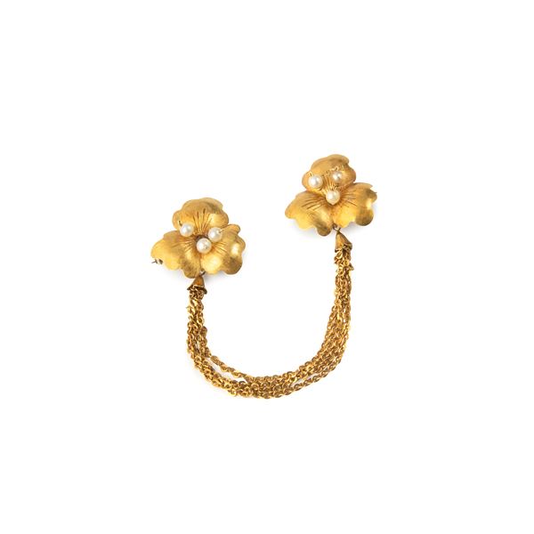 Doppia spilla a fiori in oro giallo 18 kt e microperle