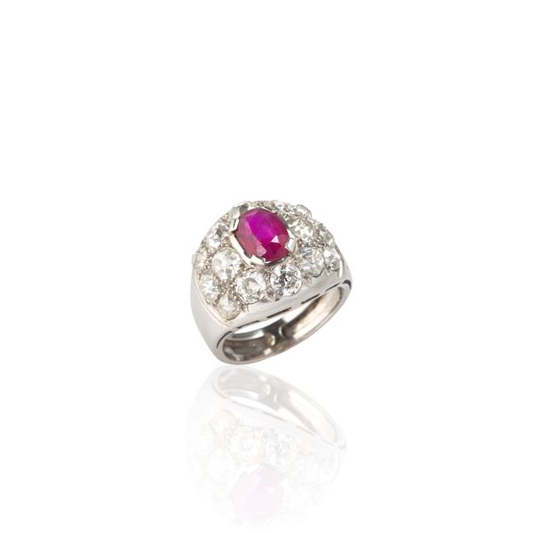 White gold band ring with diamonds and natural Burmese ruby