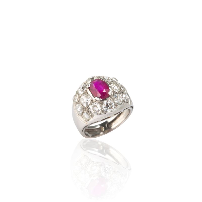 Anello a fascia in oro bianco 18 kt, diamanti e rubino Birmano Naturale
