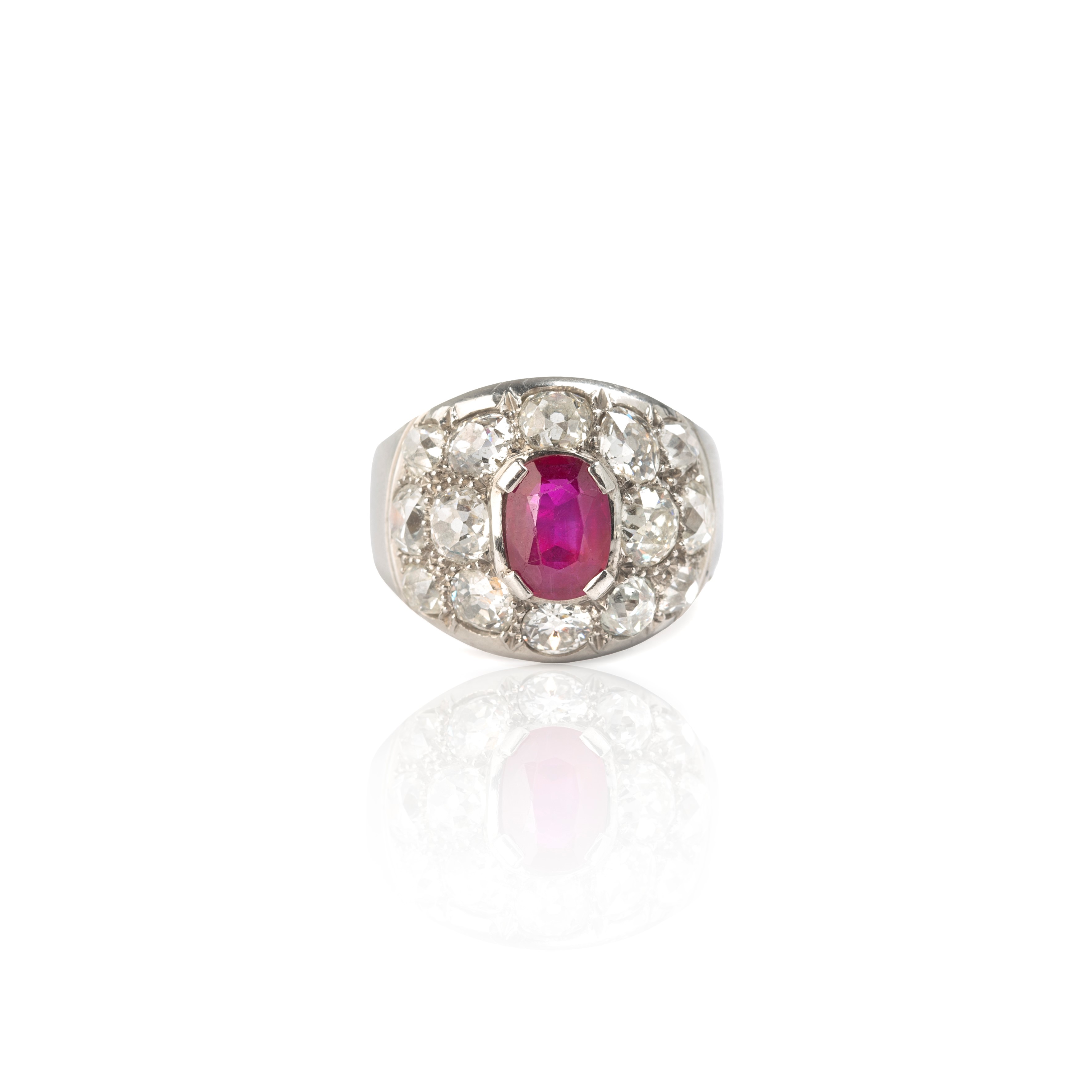 Anello a fascia in oro bianco 18 kt, diamanti e rubino Birmano Naturale
