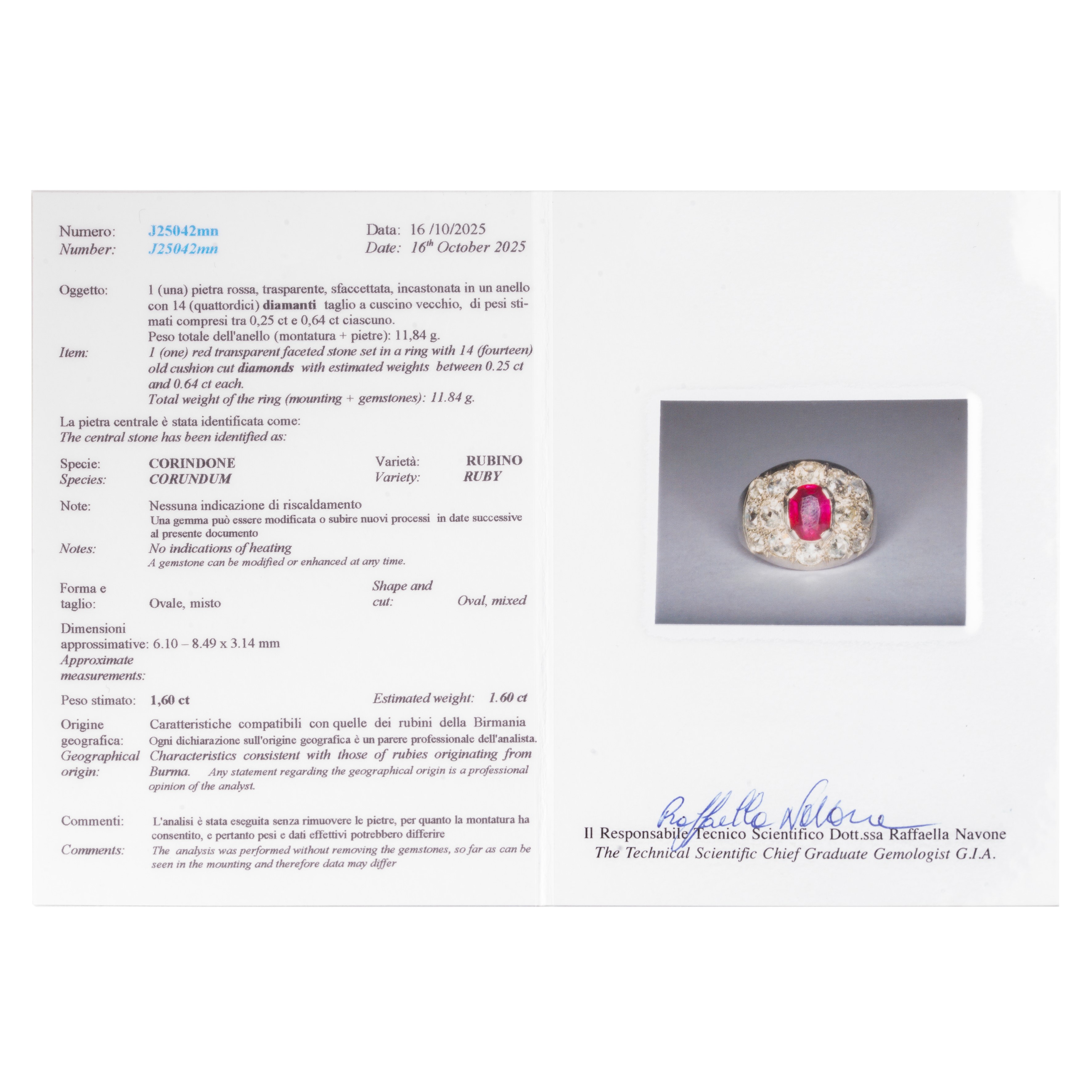 Anello a fascia in oro bianco 18 kt, diamanti e rubino Birmano Naturale