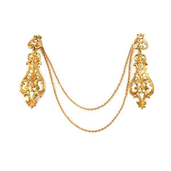 Grande spilla doppia di ispirazione floreale in oro giallo 18 kt