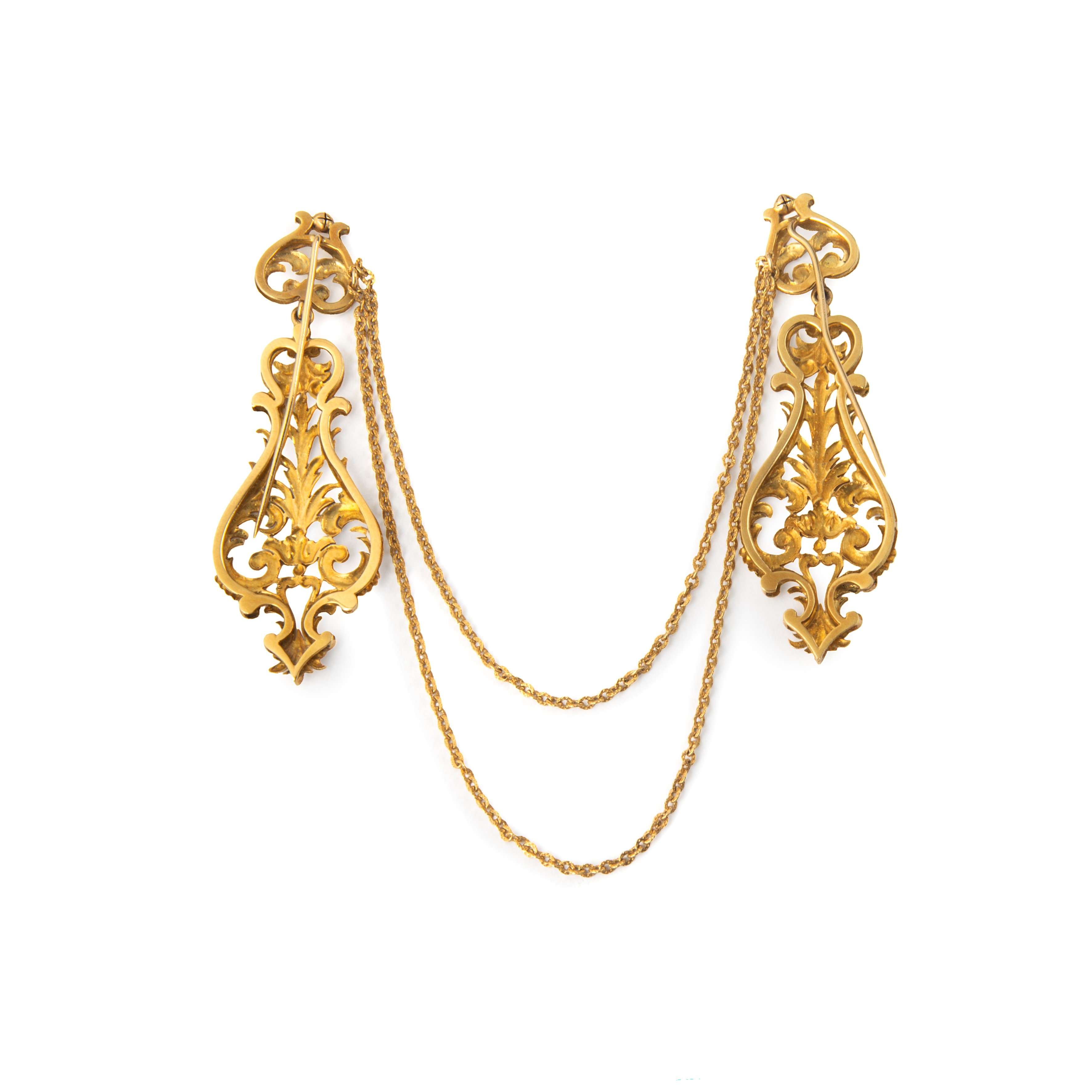 Grande spilla doppia di ispirazione floreale in oro giallo 18 kt