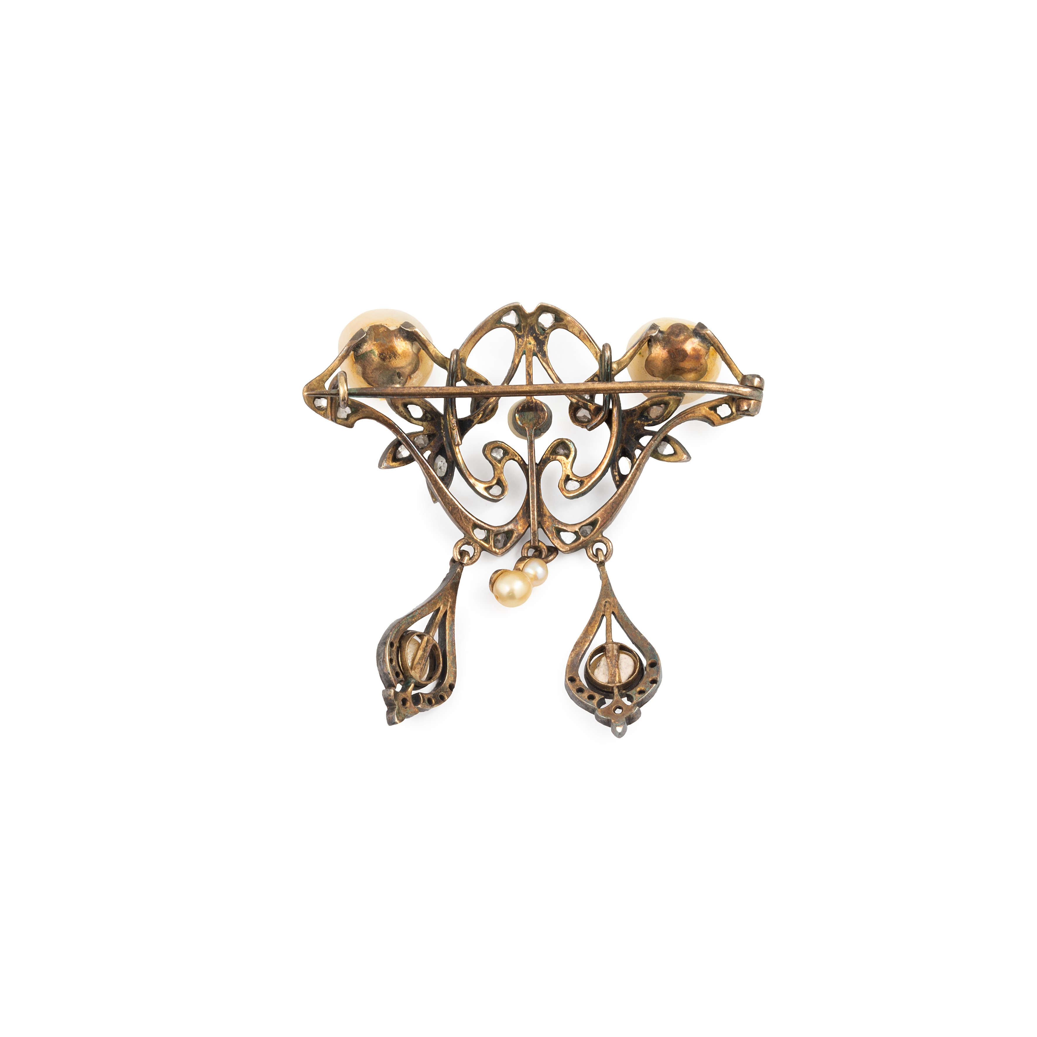 Spilla in oro a basso titolo, argento, diamanti e perle
