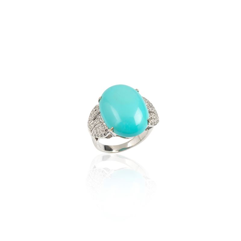 Anello in oro bianco 18 kt, diamanti e turchese