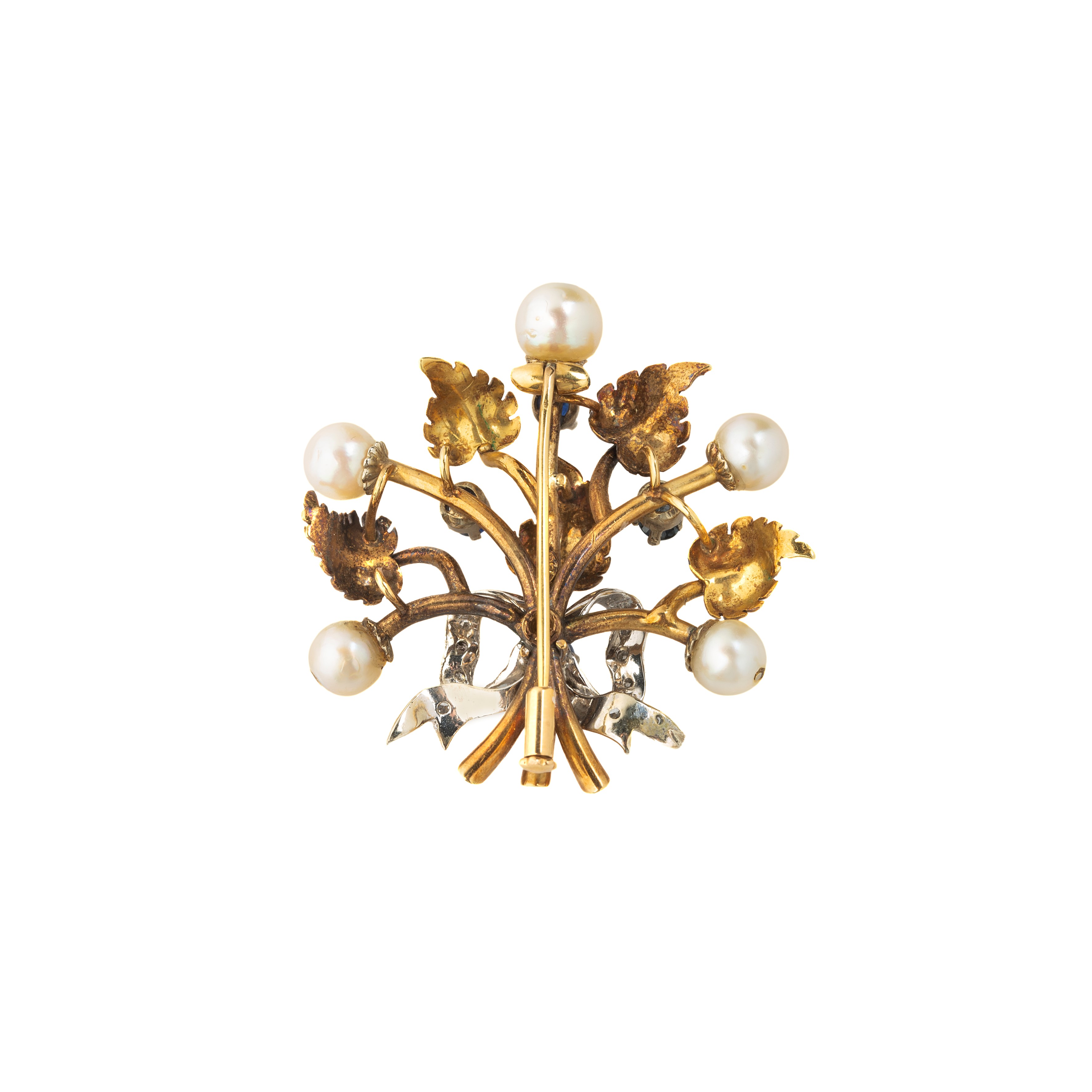Spilla floreale in oro giallo e bianco 18 kt, diamanti, zaffiri e perle coltivate
