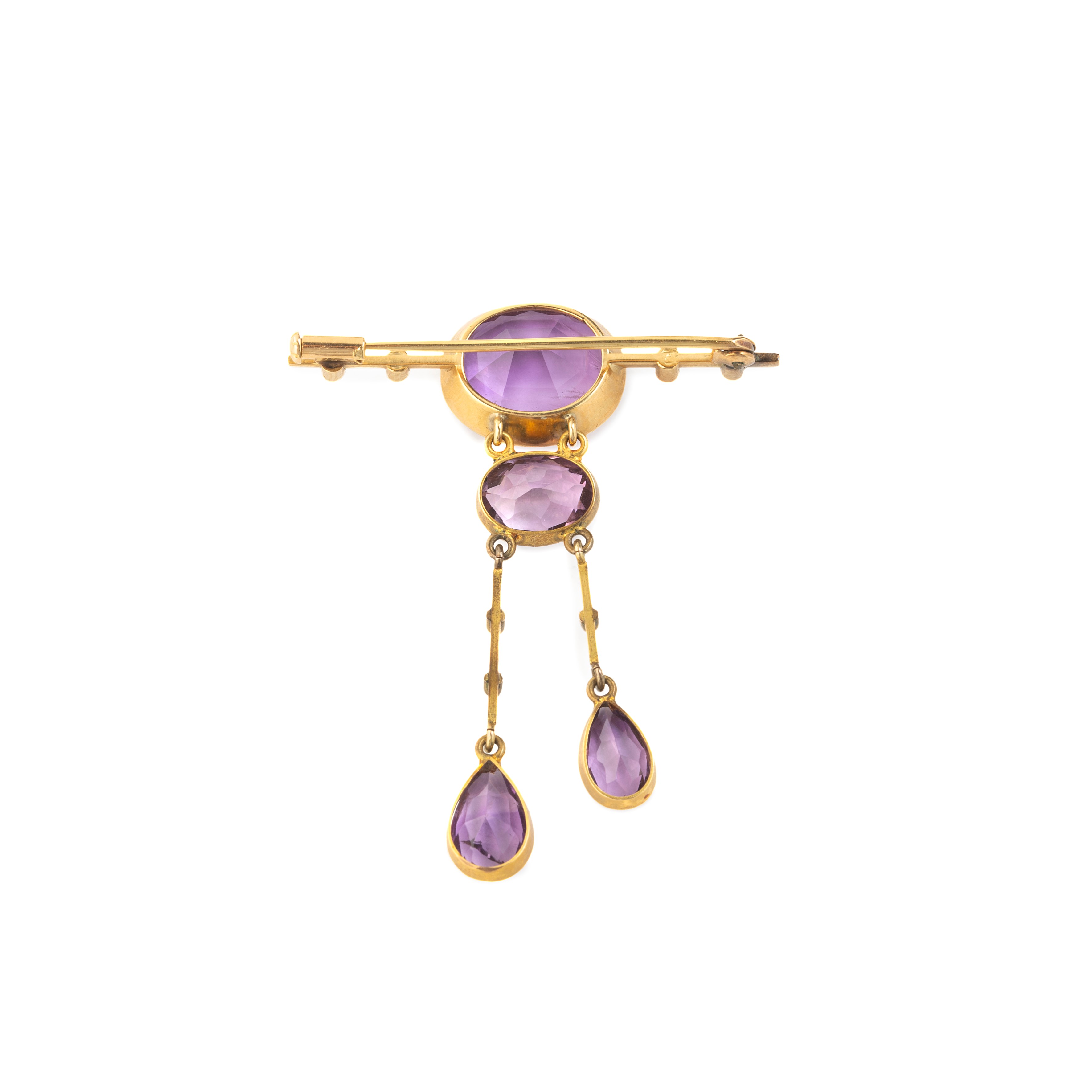 Spilla in oro giallo 18 kt, microperle e ametista