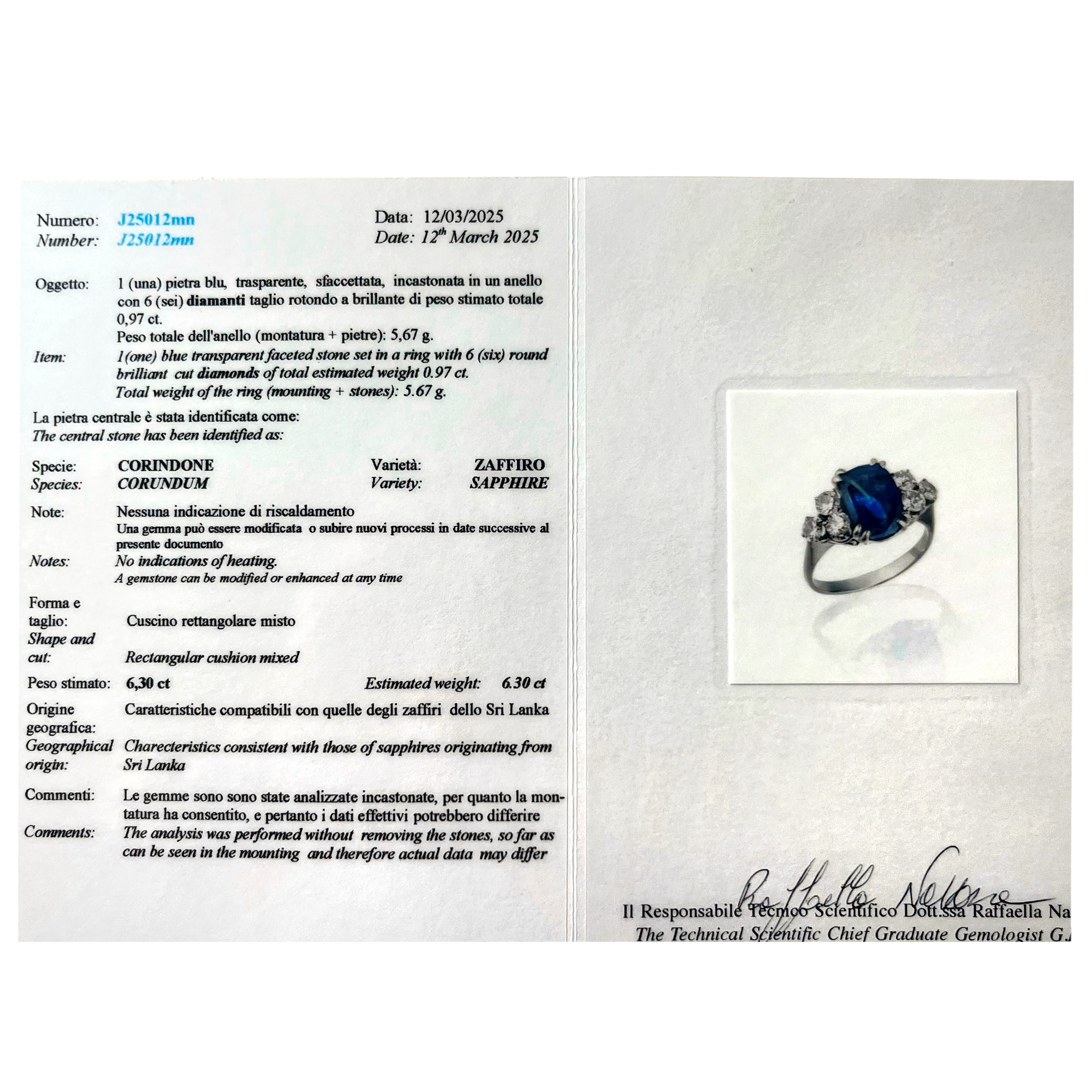 Anello in oro bianco 18 kt, diamanti e zaffiro naturale Sri Lanka