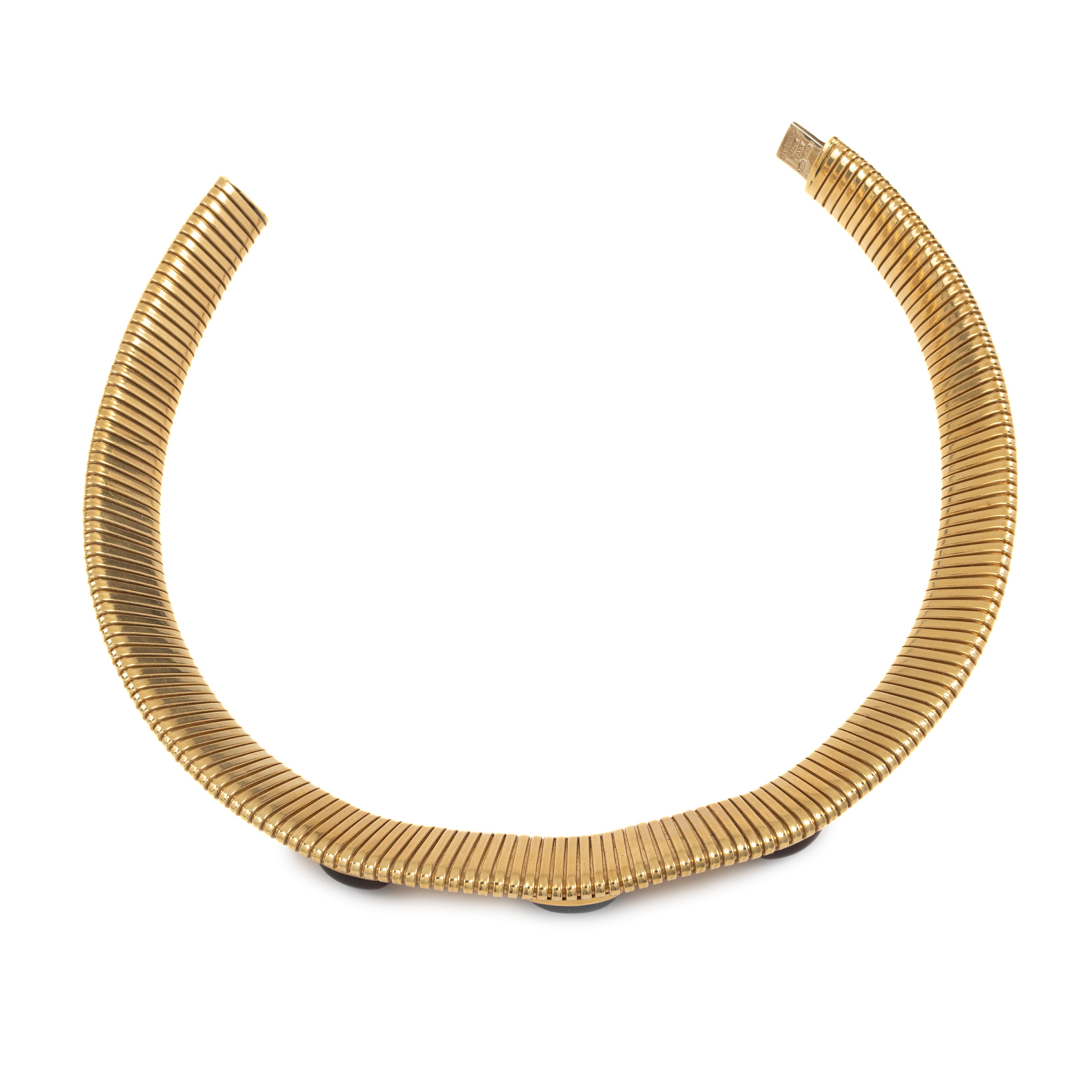 Girocollo tubogas in oro giallo 18kt, granati e zaffiro chiaro