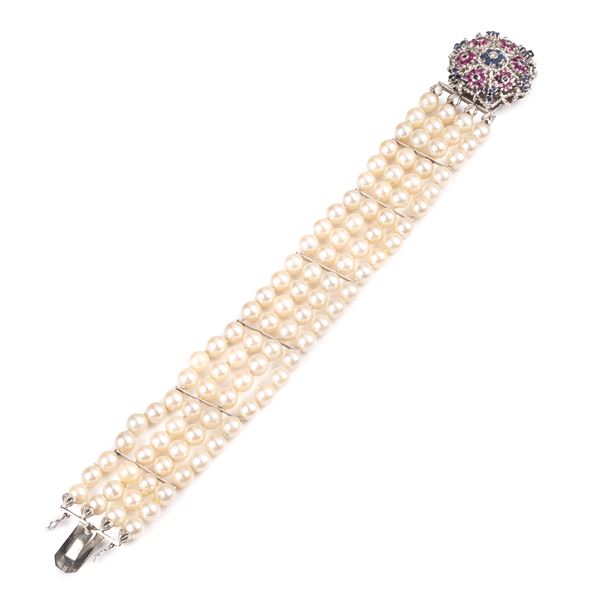 Cultured pearl bracelet, 18kt white gold, diamonds and sapphires