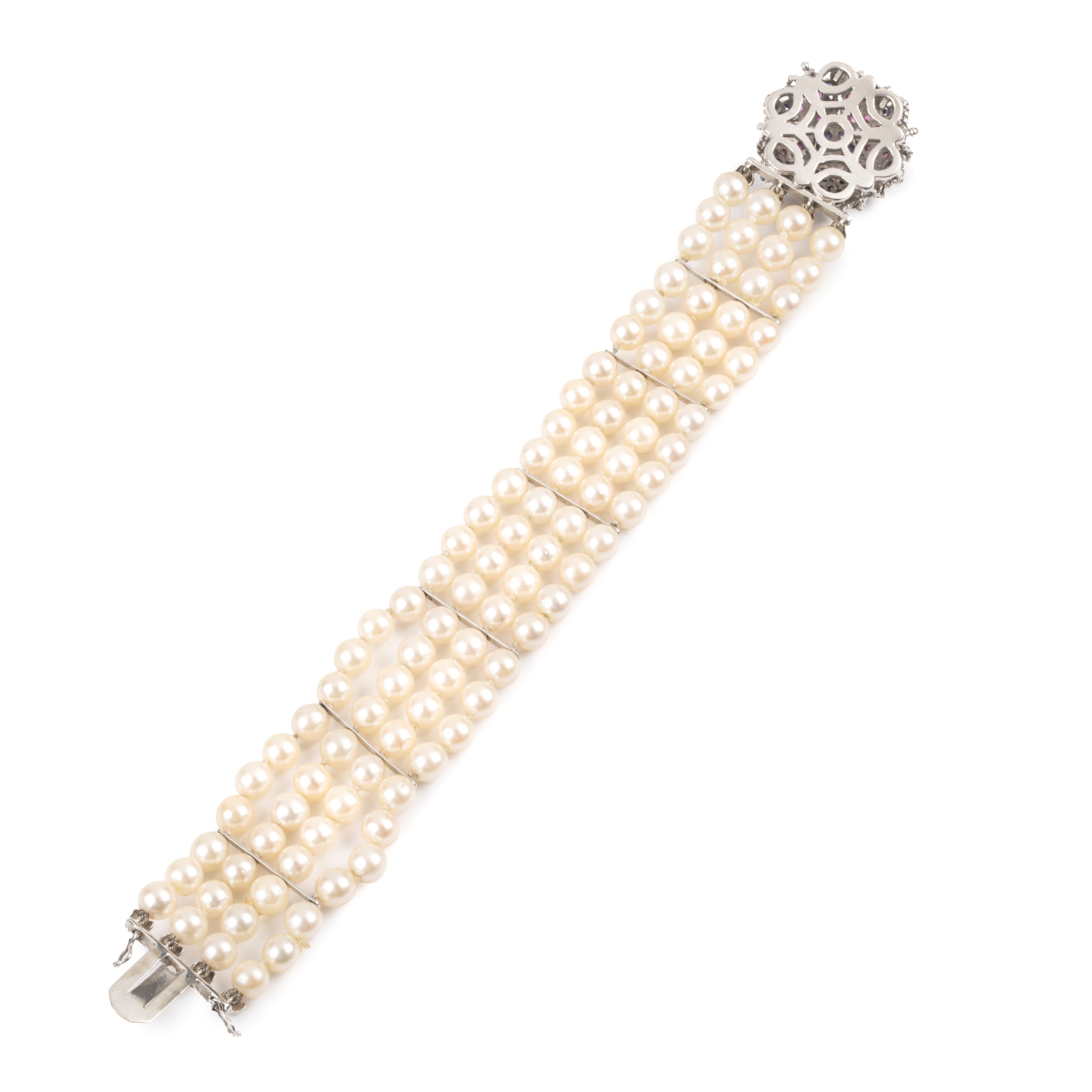Bracciale in perle coltivate, oro bianco 18 kt, diamanti e zaffiri