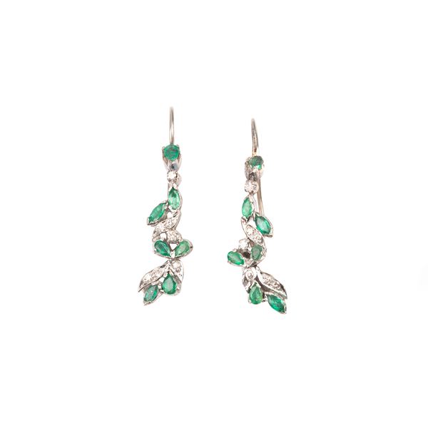 Pair of 18kt white gold, diamond and emerald drop earrings