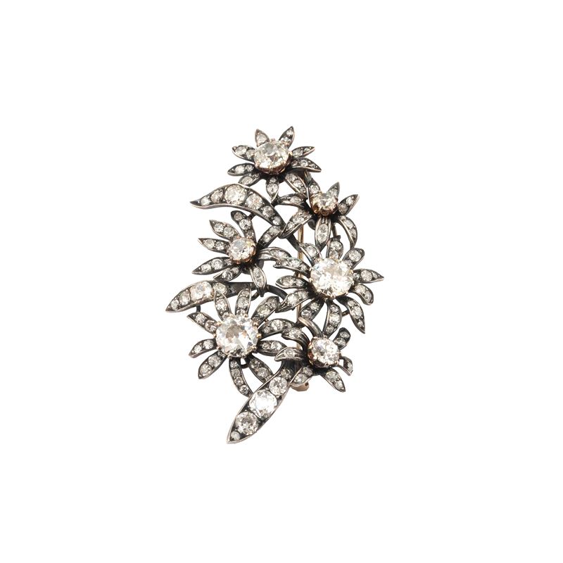 Grande spilla floreale in oro bianco 18 kt, argento e diamanti