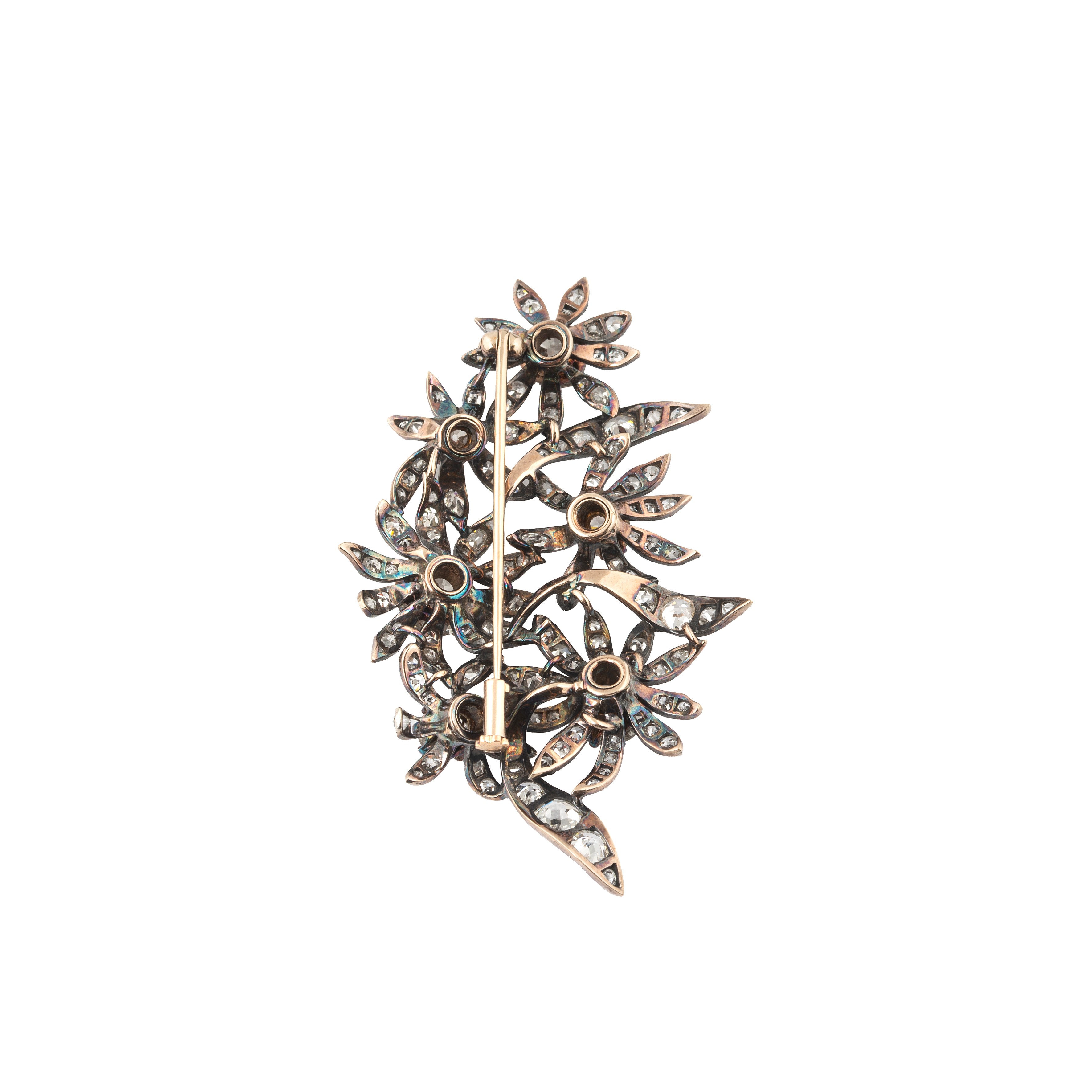 Grande spilla floreale in oro bianco 18 kt, argento e diamanti