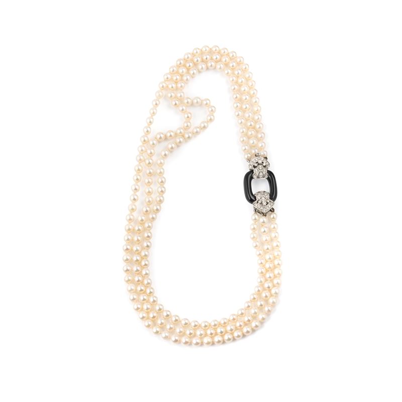 Girocollo in perle coltivate, oro bianco 18 kt, diamanti e onice