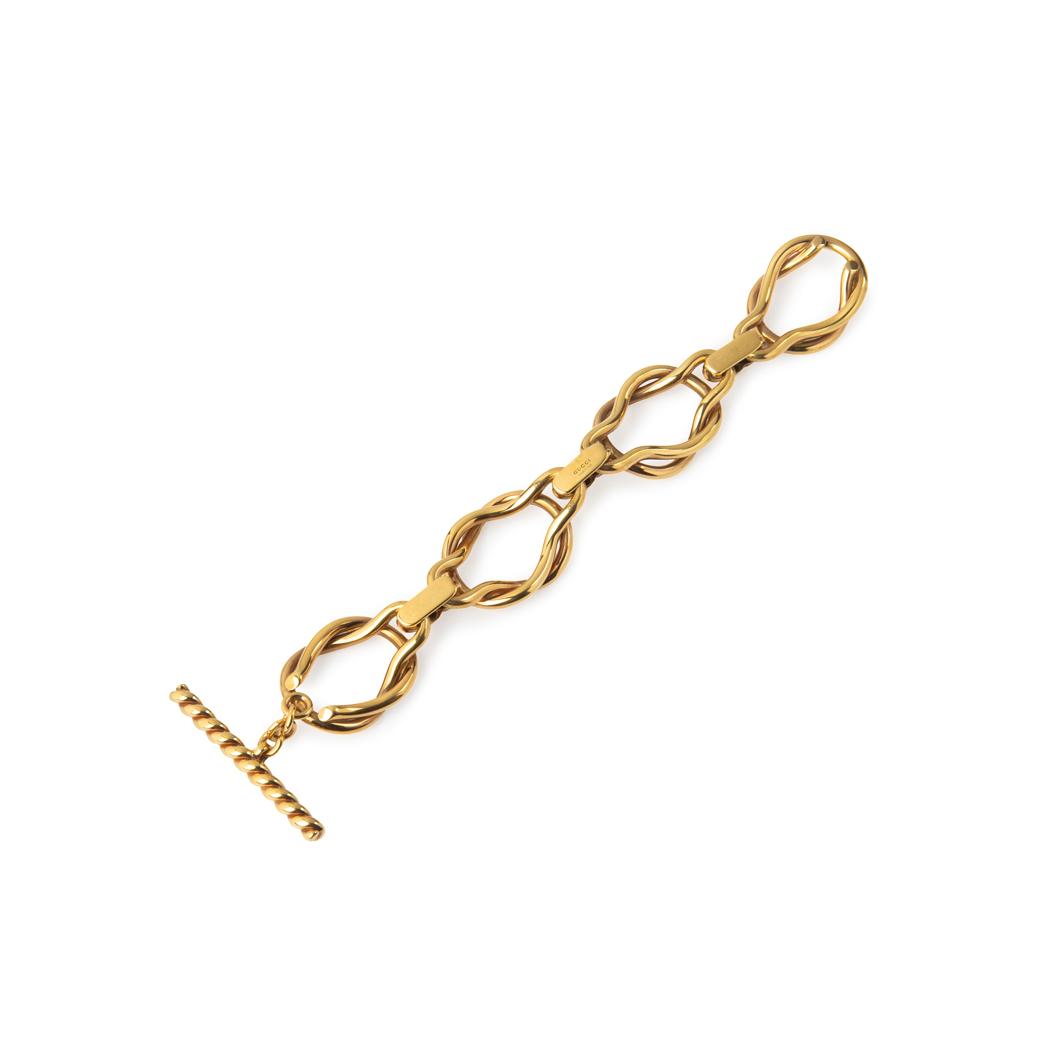 Grande bracciale con staffe intrecciate alternate a maglie a cordonetto in oro giallo 18 kt