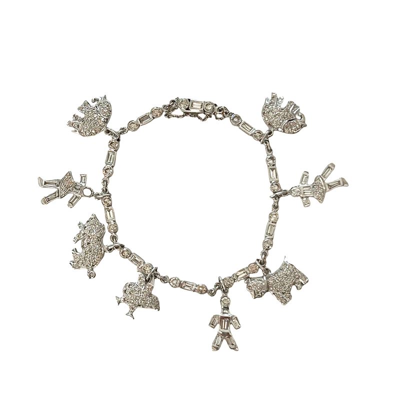 Bracciale fantasia con charms animalier e ballerine in oro bianco 18 kt e diamanti