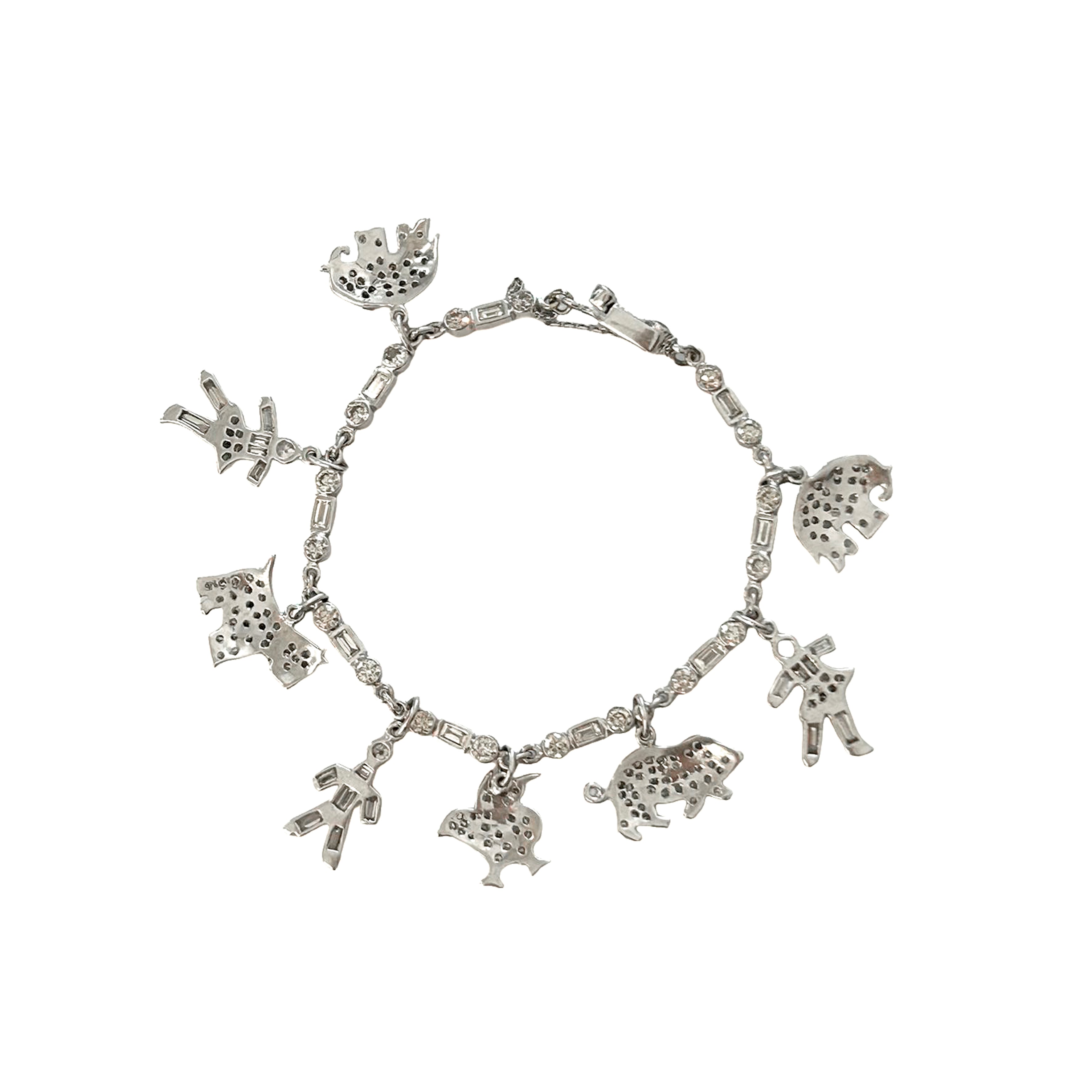 Bracciale fantasia con charms animalier e ballerine in oro bianco 18 kt e diamanti