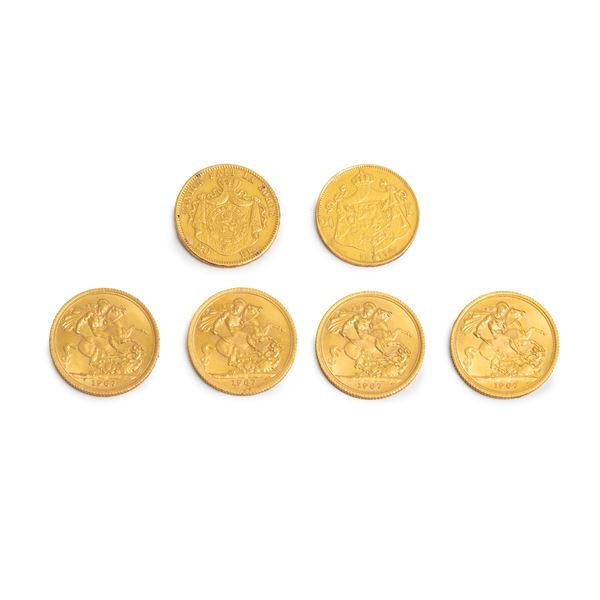 Quattro sterline Elisabetta II in oro, 20 franchi 1914 e Marengo da 20 franchi 1871 in oro