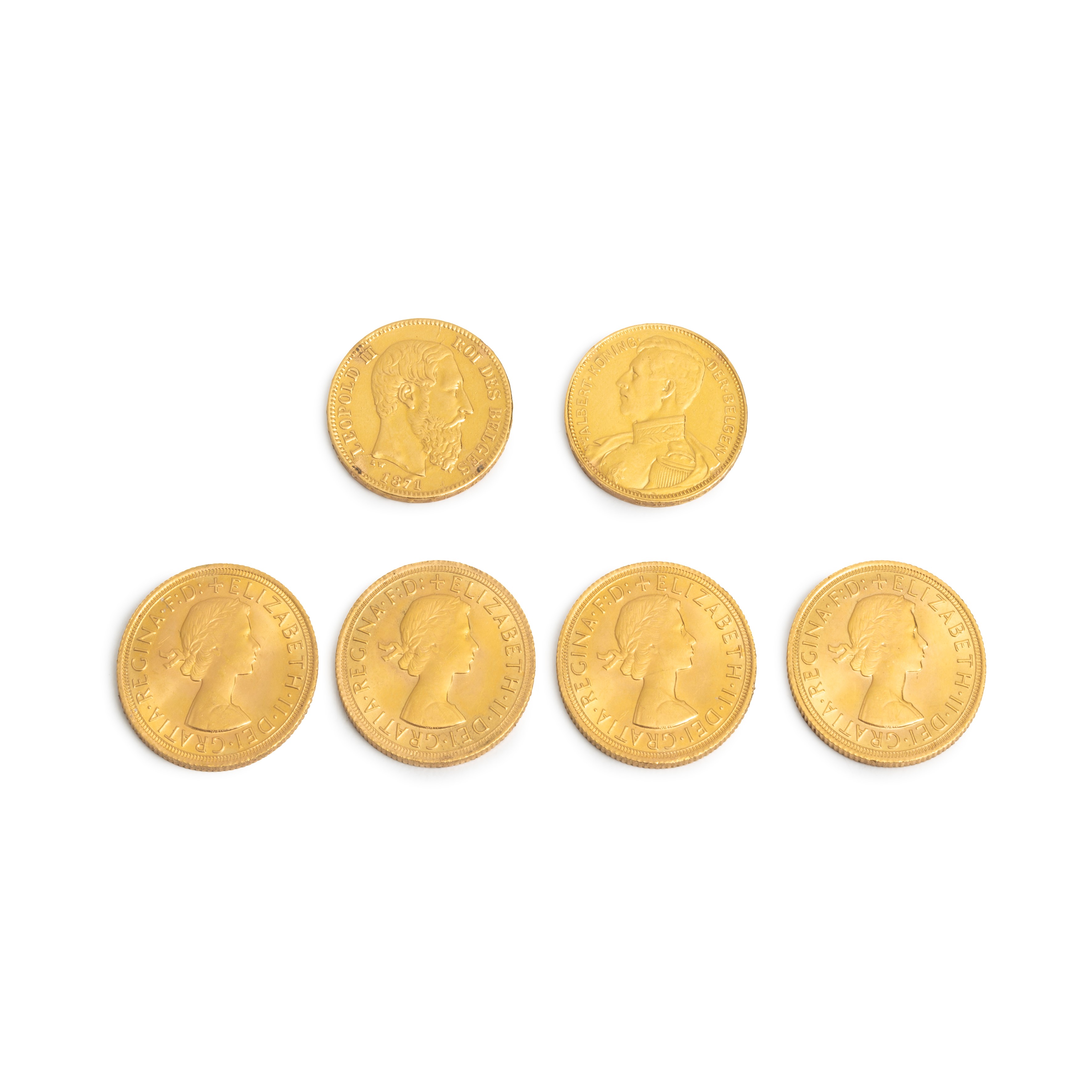 Quattro sterline Elisabetta II in oro, 20 franchi 1914 e Marengo da 20 franchi 1871 in oro