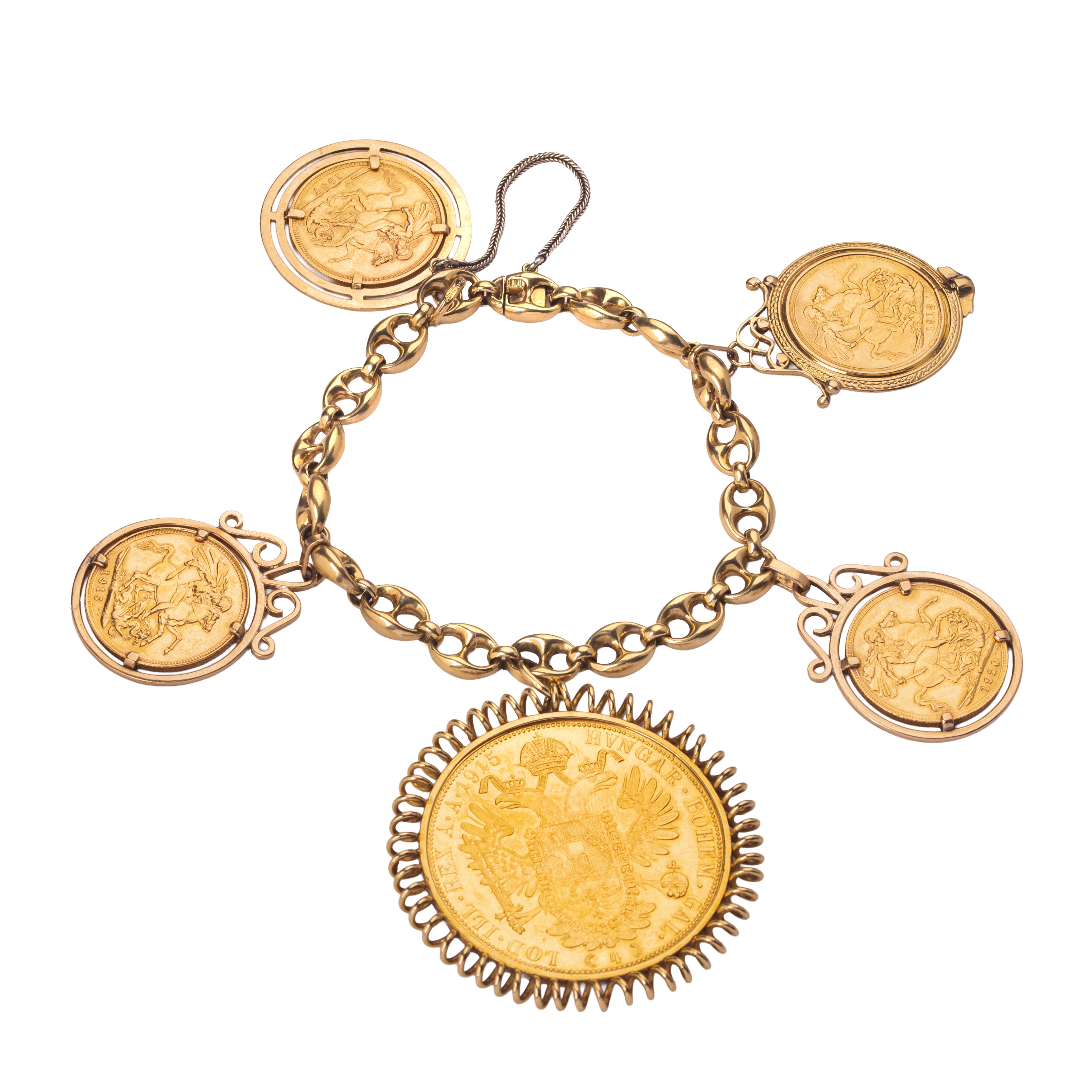 Bracciale a maglia marina in oro giallo 18 kt con quattro sterline e 4 ducati del 1915 "Francesco...