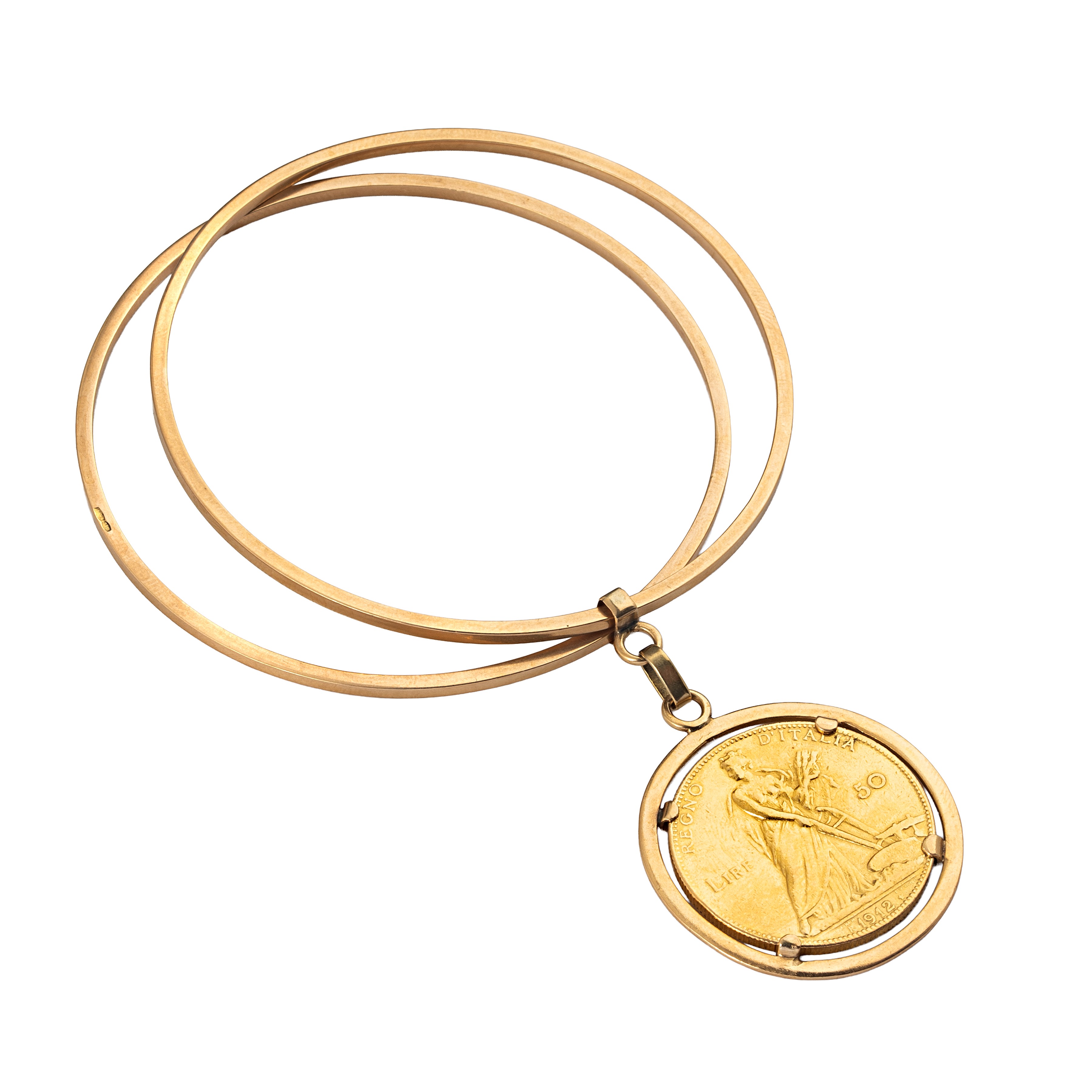 Due bracciali a cerchio in oro giallo 18 kt con 50 lire del 1912 in oro giallo