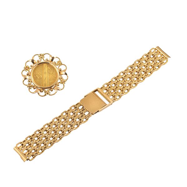 Brooch with 20 lire coin in yellow gold and 18 kt gold watch bracelet
