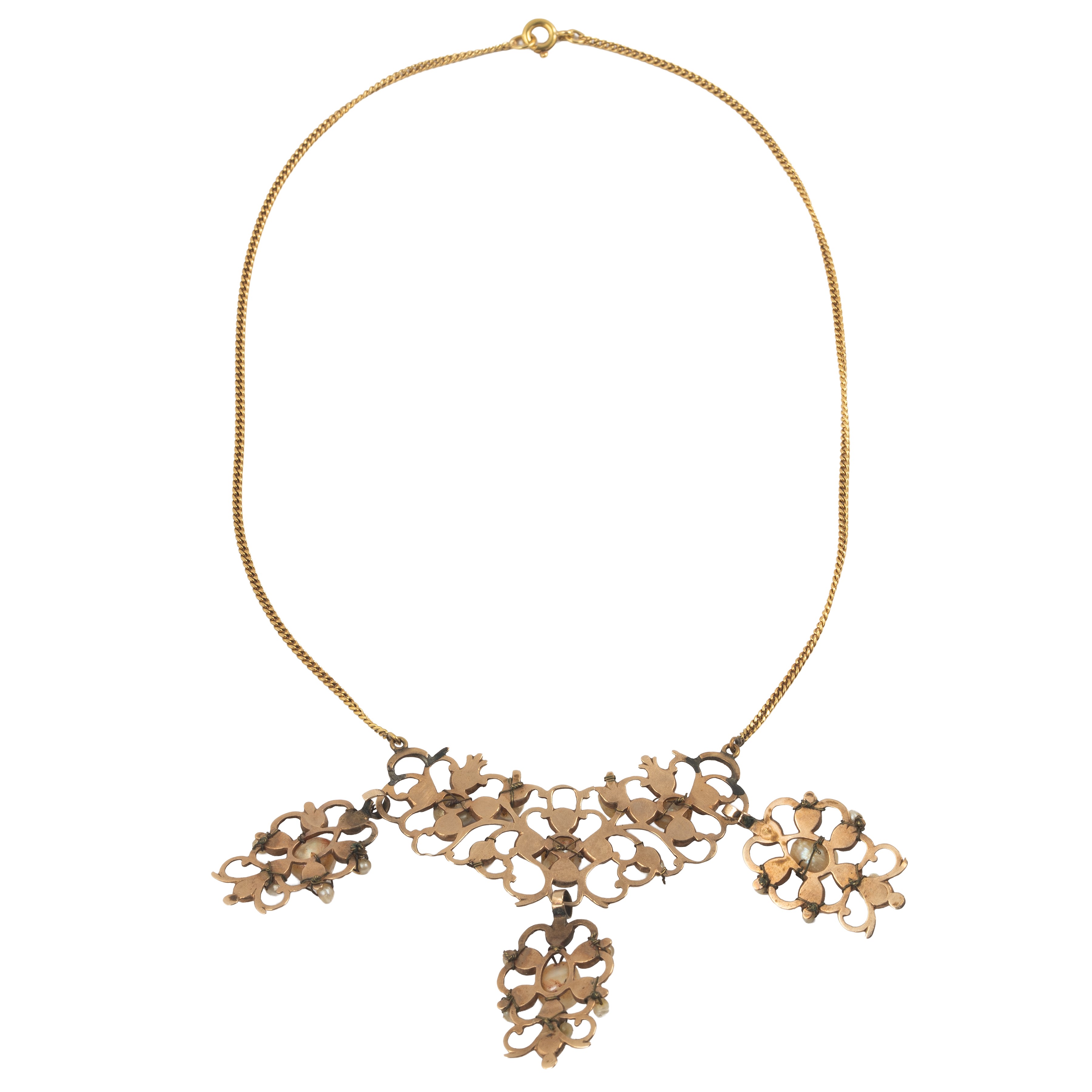 Collana in oro rosa a 9 kt con catena in oro giallo 18 kt, perle e granati