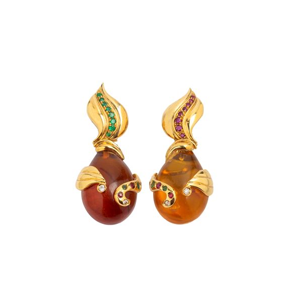 Pair of large 18kt yellow gold drop earrings with emeralds, rubies and amber