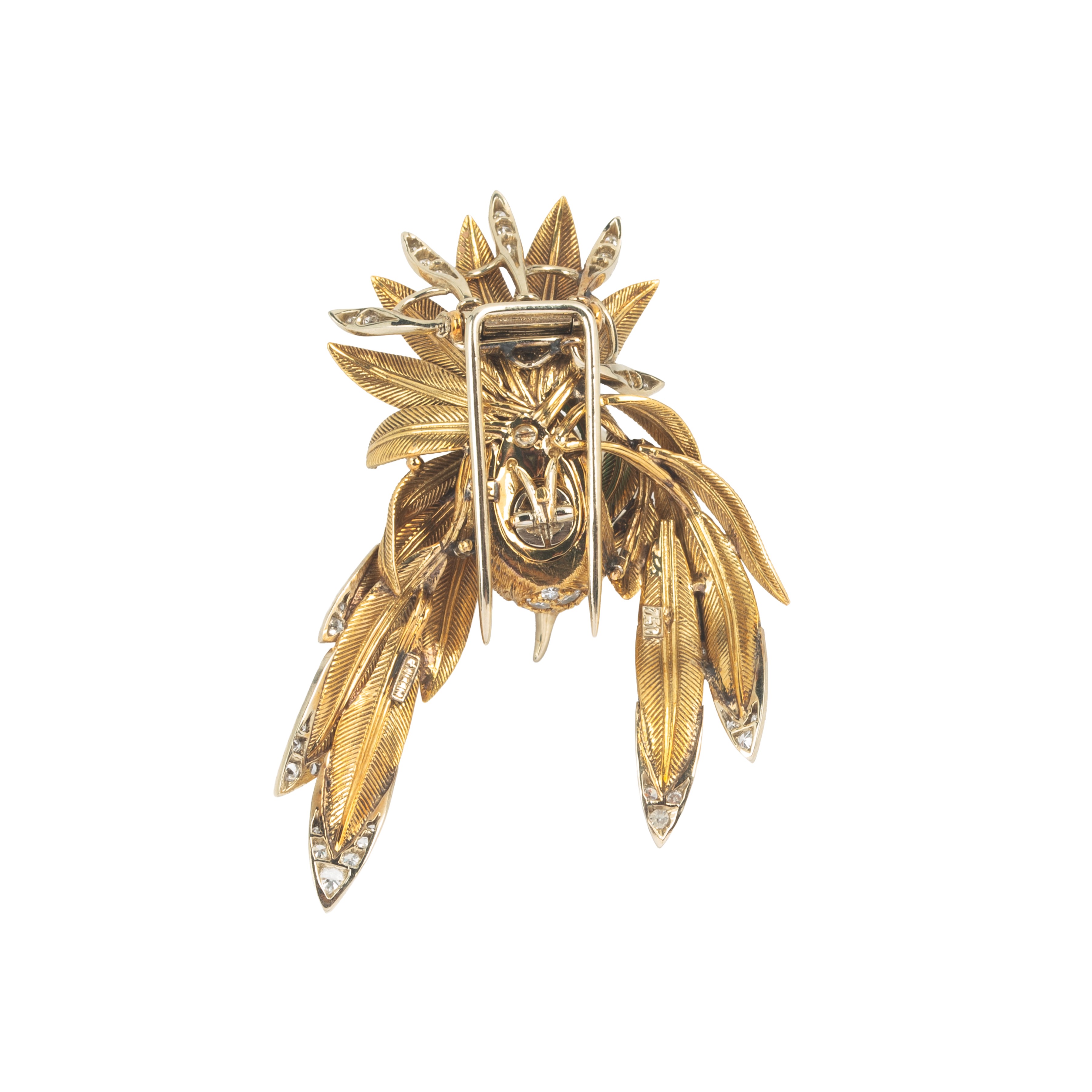 Grande clip Uccello del paradiso in oro giallo e bianco 18 kt, diamanti, rubini e smeraldo