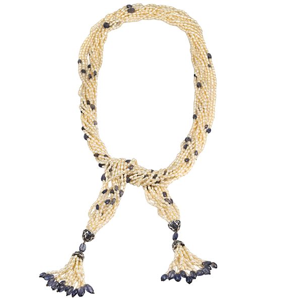 Long millefili necklace in river pearls, 18 kr white gold and iolite