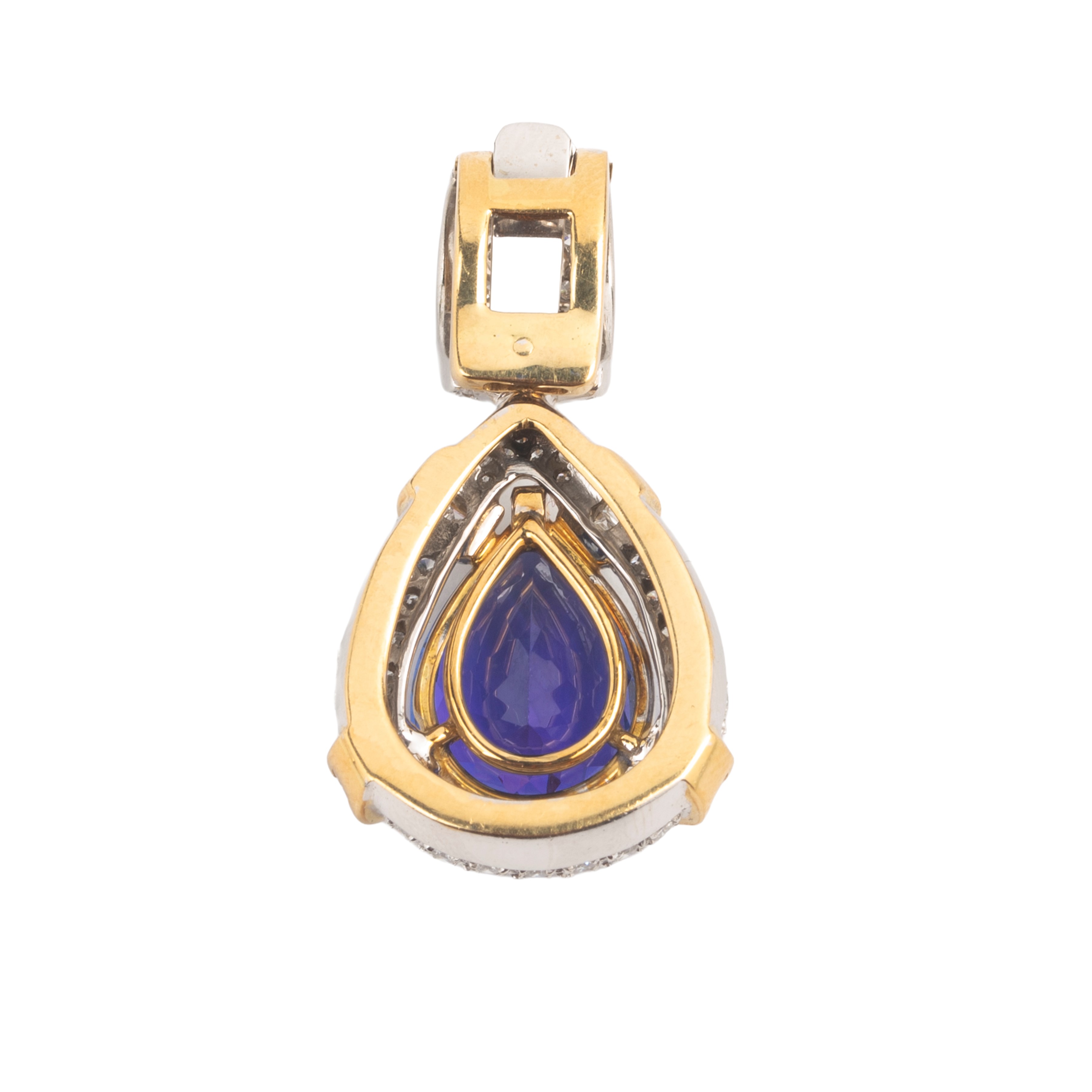 Grande pendente in oro giallo e bianco 18 kt, diamanti e tanzanite
