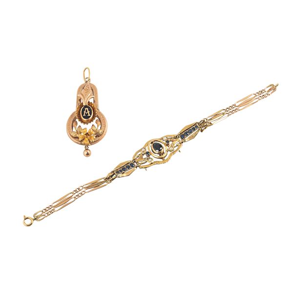 9kt yellow gold bracelet, sapphires and micropearls and 9kt gold and black enamel pendant