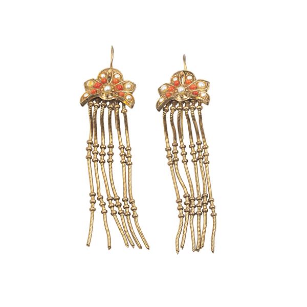 Pair of long 9kt gold, coral and micropearl drop earrings