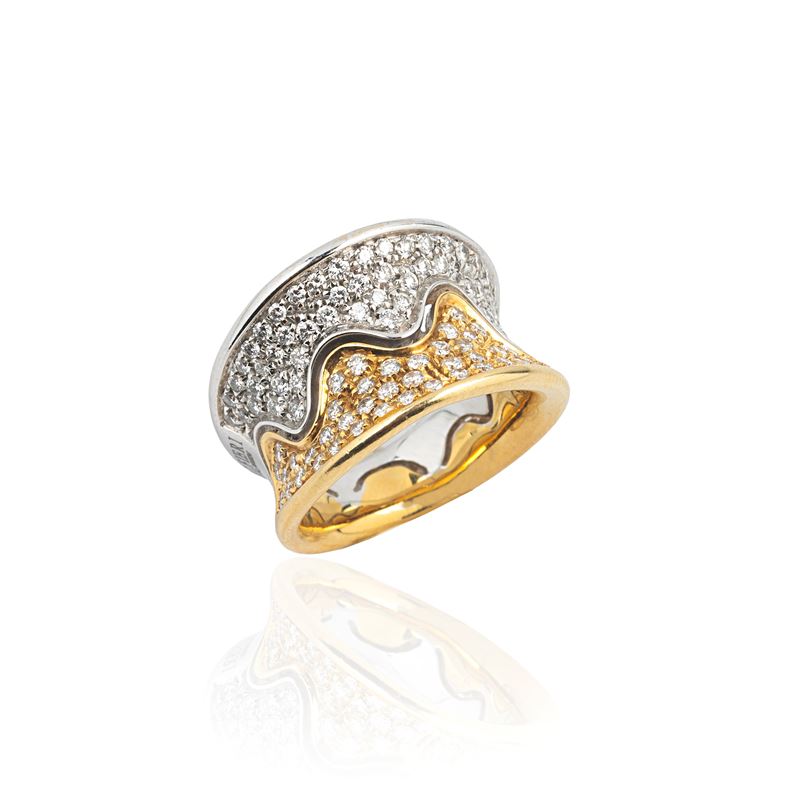 ALFIERI E ST JOHN, Anello a fascia in oro giallo e bianco 18 kt con diamanti