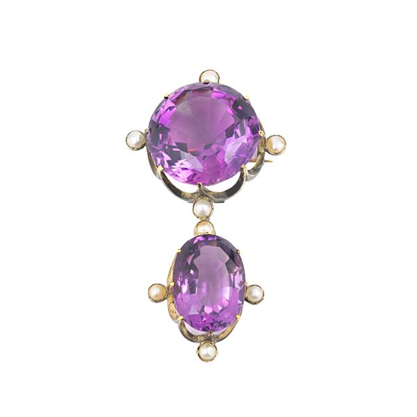 Large brooch with pendant in 18 kt yellow gold, micropearls and amethyst