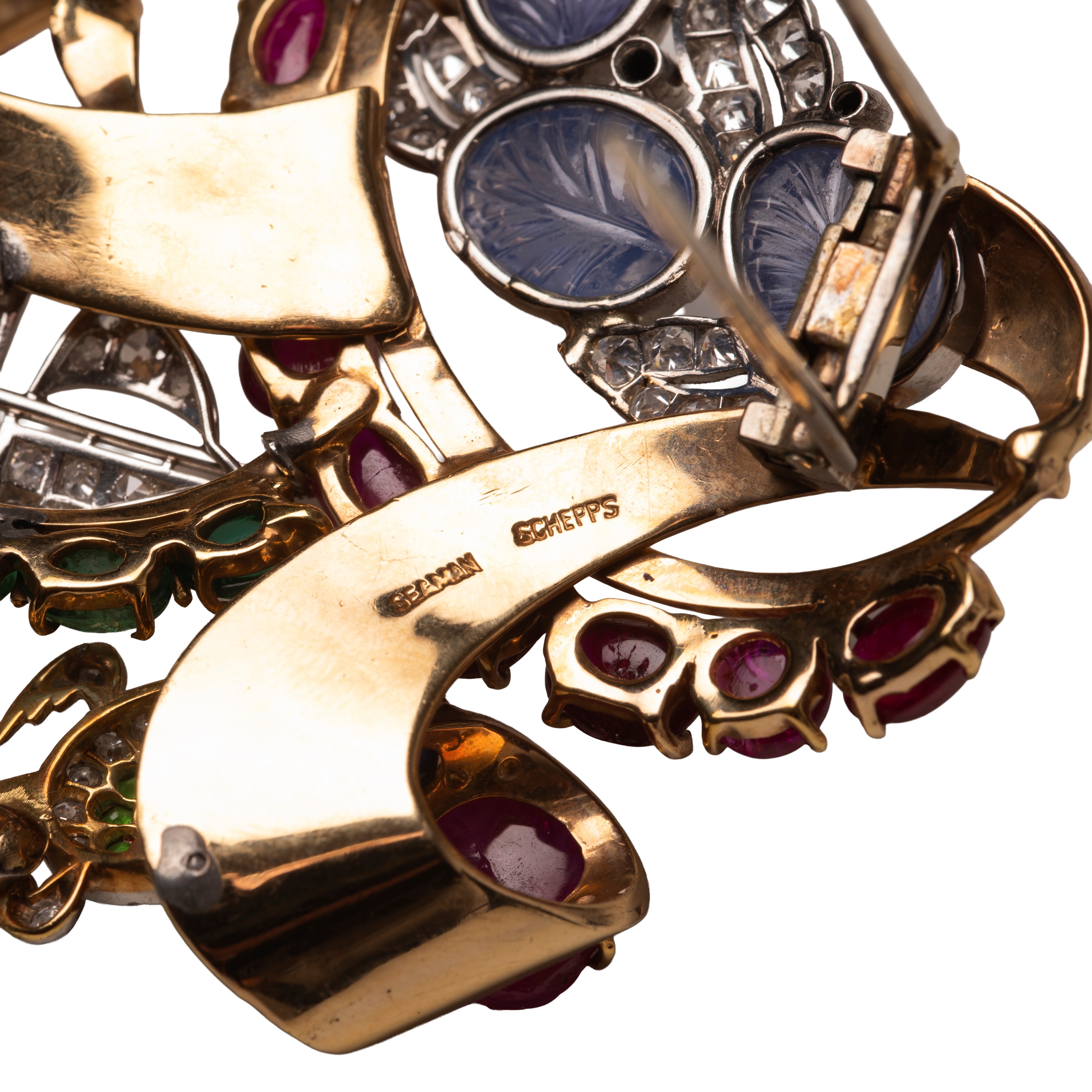 Grande clip in oro giallo e bianco 14 kt, diamanti, rubini, zaffiri e smeraldi