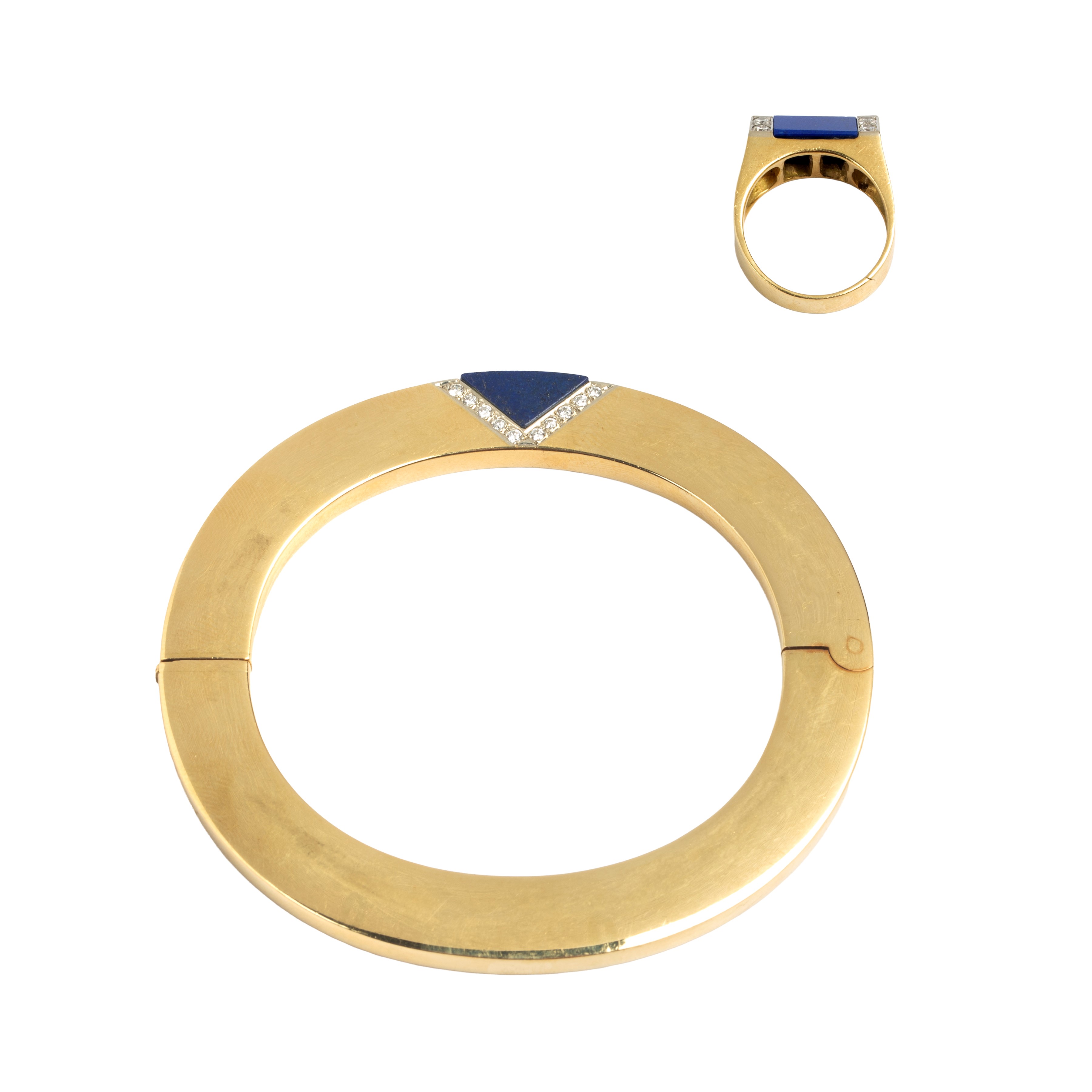 Grande bracciale rigido e anello in oro giallo 18 kt, diamanti e lapislazzulo