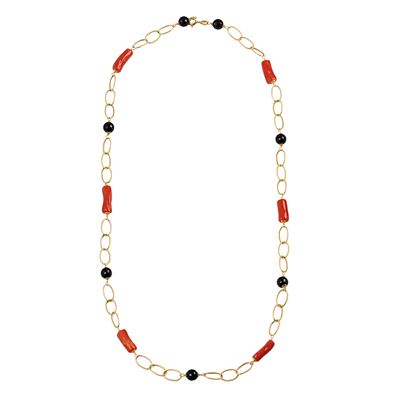 Catena a maglie in oro giallo 18 kt con corallo e onice
