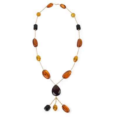 Collana in oro giallo 18 kt con ambra baltica policromatica, lunghezza 52.5 cm