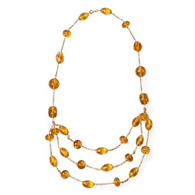 Collana in oro giallo 18 kt, ambra del Baltico e quarzo citrino