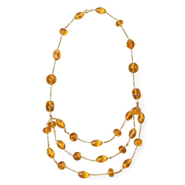 Necklace in 18 kt yellow gold, Baltic amber and citrine quartz