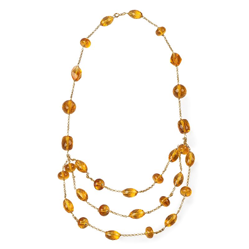 Collana in oro giallo 18 kt, ambra del Baltico e quarzo citrino