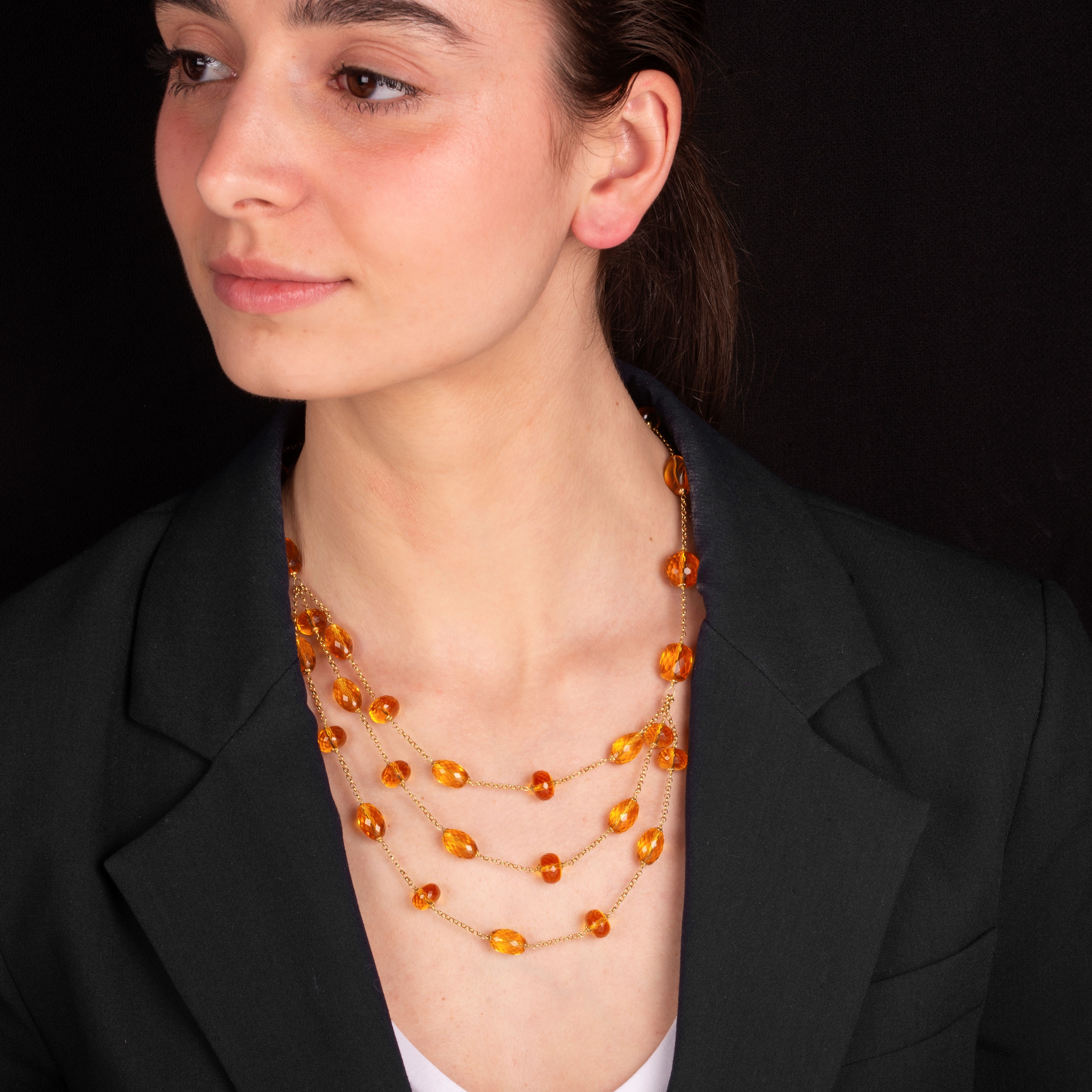 Collana in oro giallo 18 kt, ambra del Baltico e quarzo citrino